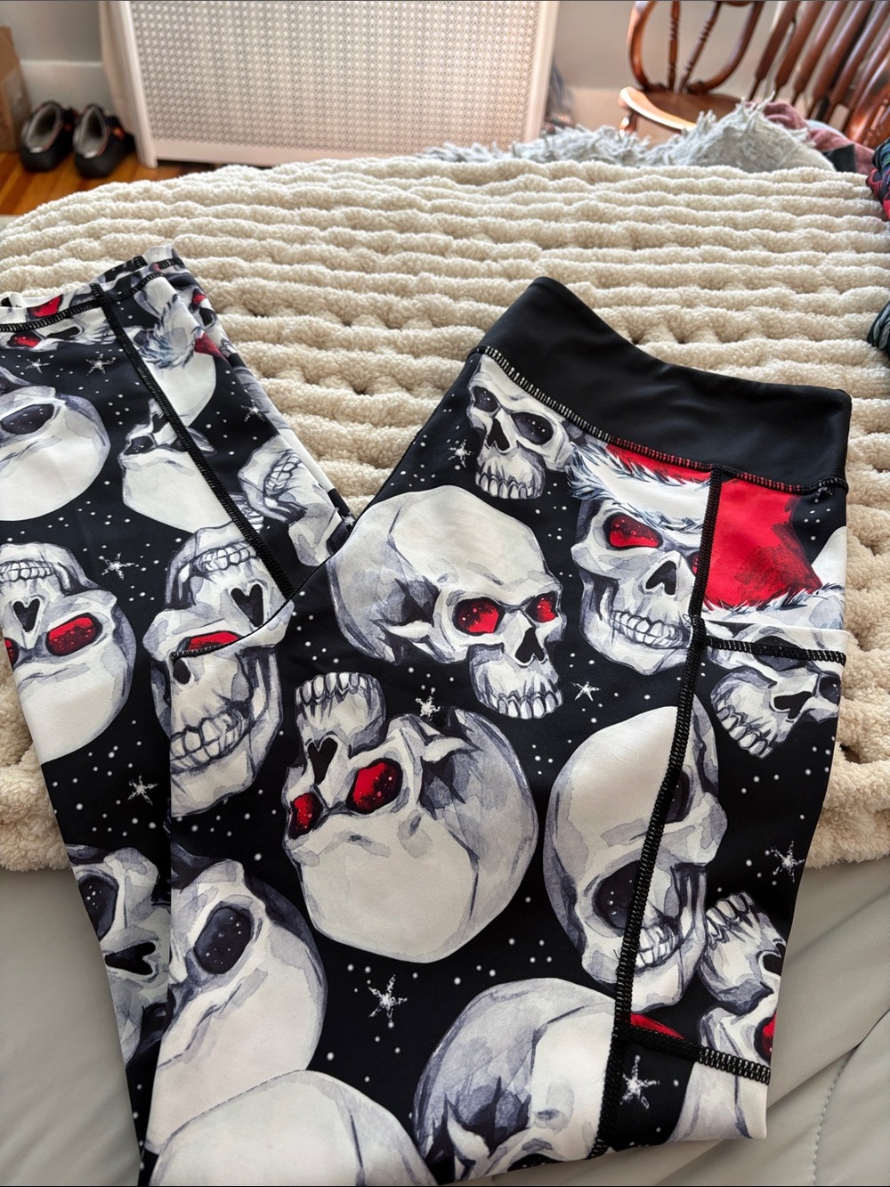 Black Skull Print Leggings with Red Santa hat Accents